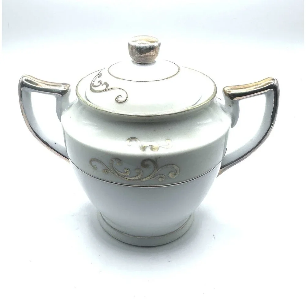 Vintage HANO Painted Japan Covered Sugar Bowl Gold Scroll Handles
